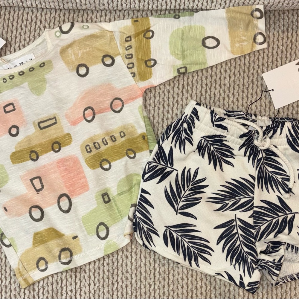 NWT Zara Baby Boy 6-9M Pastel Vehicle Top and Leaf Print Shorts Set